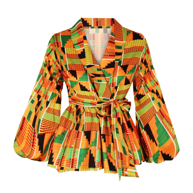 New fashion African printed shirt dresses lantern sleeve v neck outwear women African vintage clothes women blouse tops