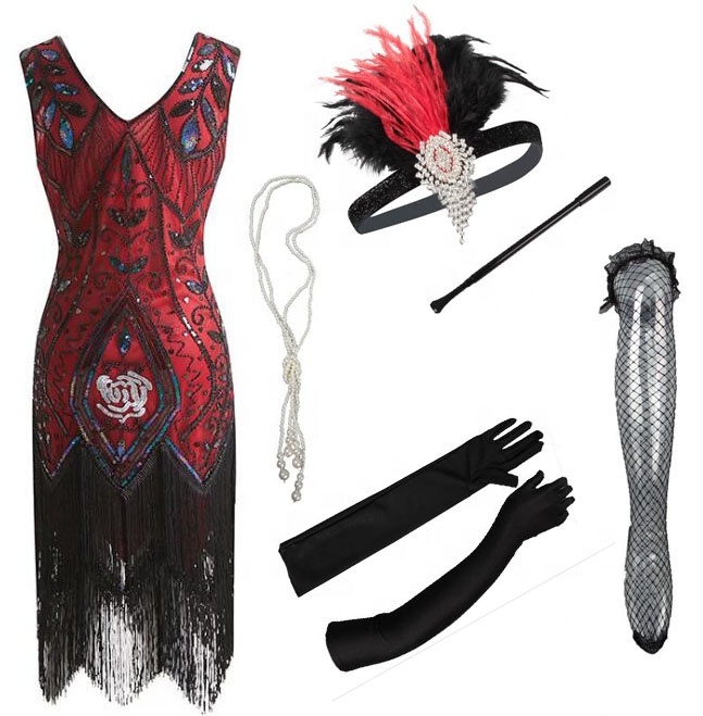 Ecowalson женские 1920s Хлопушки платья с v-образным вырезом из бисера ленточки Гэтсби вечернее платье с аксессуарами