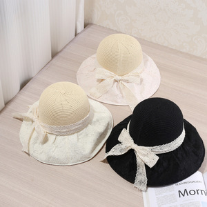 Lace Bow <b>Straw</b> <b>Hat</b> For Women Beige Sun Protection Summer Outing Bucket <b>Hat</b> - Product Image 4