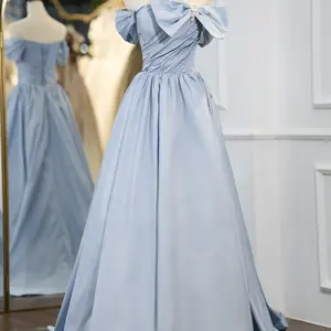 Jancember RL119 Internacional Azul Fora Do Ombro Arco Pérolas Lace Up Vestidos De Casamento