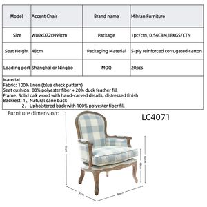 French Modern Accent Chair 2 Back Options Hand-Carved Solid <b>Oak</b> <b>Frame</b> 100% Blue Check Linen Upholstered Armchair Living Room - Product Image 5