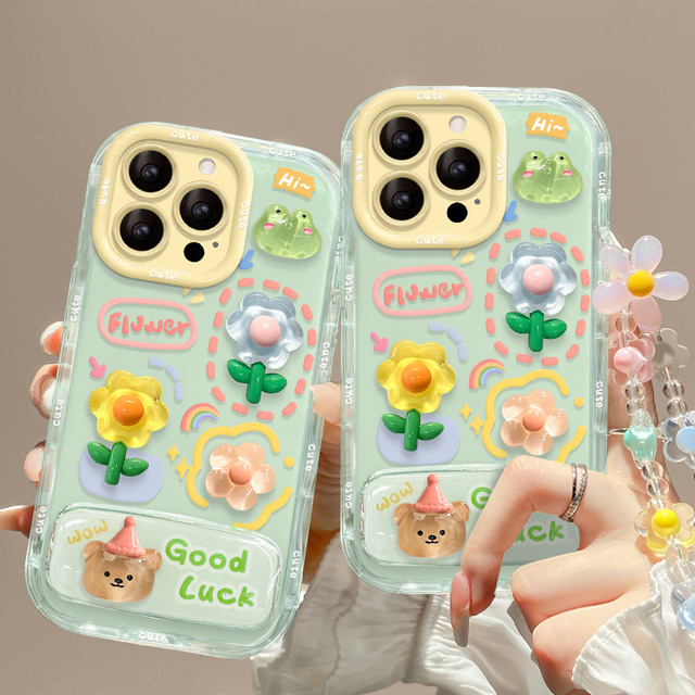 Cartoon Cute 3D Flower Animal Frog Phone case for iPhone 16 15 14 13 12 Pro Max for Huawei Nova 11 with Lanyard Mirror Stand