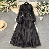 Robe longue décontractée pour femme, élégante, rouge, à col montant, manches lanternes, taille plissée, coupe trapèze, pour les fêtes, les vacances et le quotidien