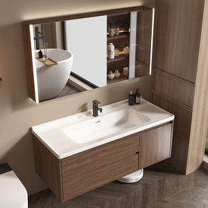 Meuble-lavabo moderne en bois grainé avec armoire miroir LED, certifié CE, mural, étanche - Product Image 2