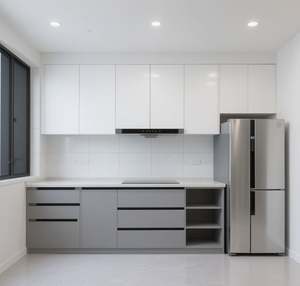 SANTOPOVA Modern <b>White</b> Modular Kitchen <b>Cabinets</b> with Black Handles, Open Shelving and Gray Quartz Countertop - Product Image 4
