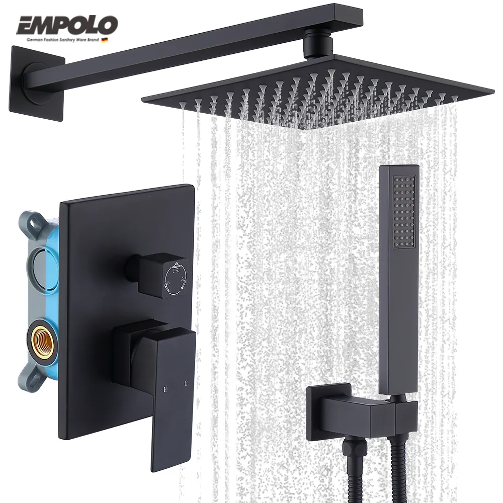 Скрытый смеситель для душа Empolo, черный настенный кран для ванной комнаты, дождевая Душевая система, краны для ванны и душа