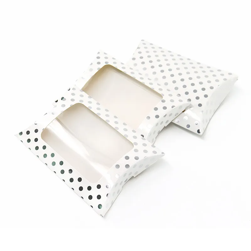 Benutzer definierte Kosmetik verpackung PVC Clear Window Pillow Box Umwelt freundliche weiße Elfenbein platte Kleine Kissen box mit transparentem Fenster
