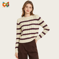 Pull en tricot décontracté pour femmes, rayé, 100% coton, col rond, manches longues, style vintage, automne-hiver, OEM ODM, vente en gros, usine