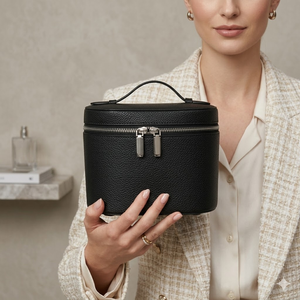 Cylindrical Black Letter Pattern Eco-Friendly Water Resistant Luxury Leather Makeup <b>Case</b> Professional Beauty Storage Box Silver - Product Image 6