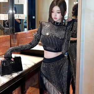 طقم فاخر من قطعتين مع أحجار الراين ذات الإصلاح العاجل + خصر مرتفع غير منتظم تنحنح بدلة تنورة بشراشيب - Product Image 1