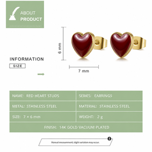 Boucles d'oreilles clous en forme de cœur rouge en acier inoxydable plaqué or 14 carats, couleur or et acier brillante, bijoux - Product Image 3