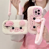 Luxe Fourrure En Peluche Cochon Doux TPU Téléphone étui pour iphone 16 15 Pro Max 14 Plus 13 Pro 12 11 Chaud Hiver Flurry Cheveux Fille Stand Couverture