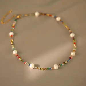 彩色天然石淡水珍珠手工串珠项链女珍珠锁骨链尼日利亚串珠项链设计