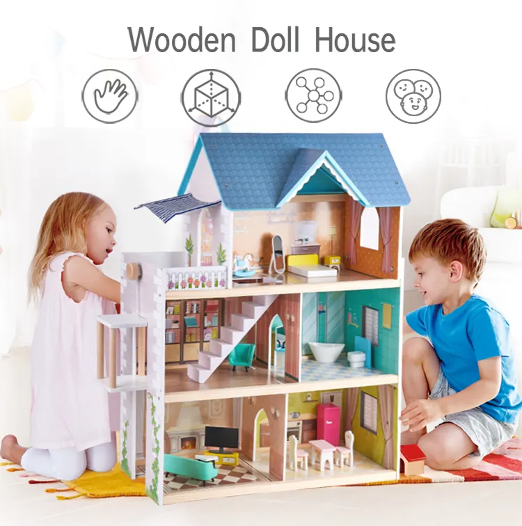 ชุดบ้านตุ๊กตาขนาดใหญ่,ของเล่นเลียนแบบบ้านตุ๊กตาเด็กในฝันที่เป็นไม้ของเล่นเฟอร์นิเจอร์สำหรับเด็กผู้หญิงอุปกรณ์ Diy เด็กโต
