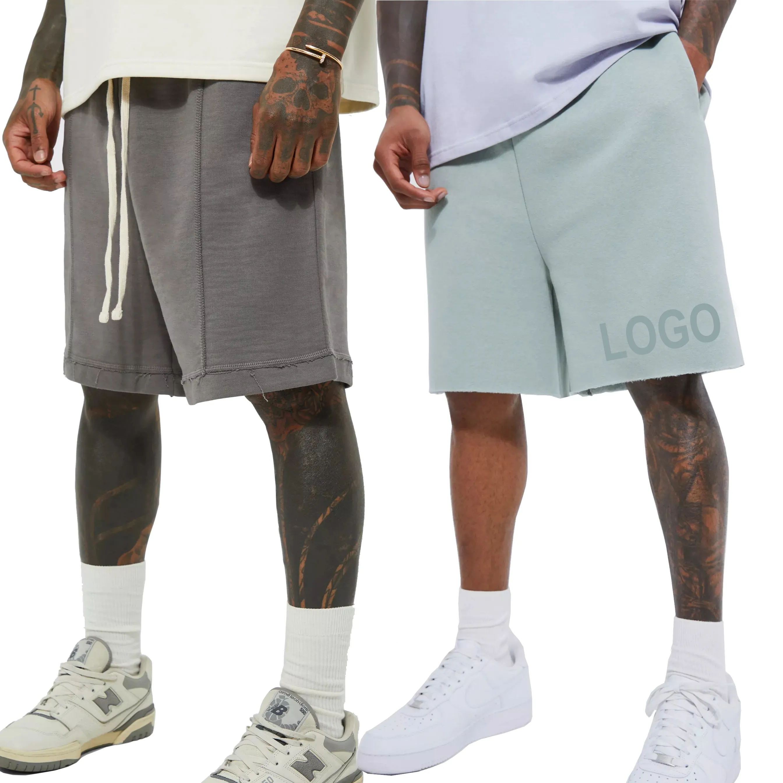 Shorts de moletom pré-encolhidos para homens, shorts de moletom com logotipo bordado em chenille com estampa de ácido lavado 100% algodão para uso na rua