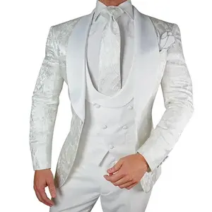 Erkek beyaz çiçek düğün smokin damat için 3 adet Slim Fit uzun kollu erkek gömlek takım elbise saten şal yaka moda Blazer yelek pantolon