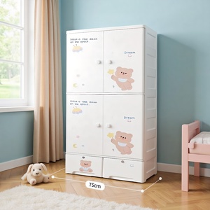 Dessin animé ours bébé Suspension vêtements <span class=keywords><strong>armoire</strong></span> avec roues tiroirs de rangement avec Double porte <span class=keywords><strong>chambre</strong></span> en plastique placard 3 couches - Product Image 2