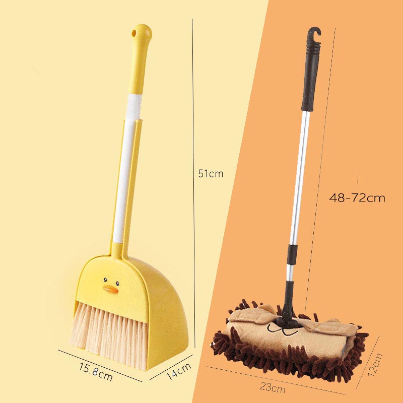 yellow broom dustpan and brown mop