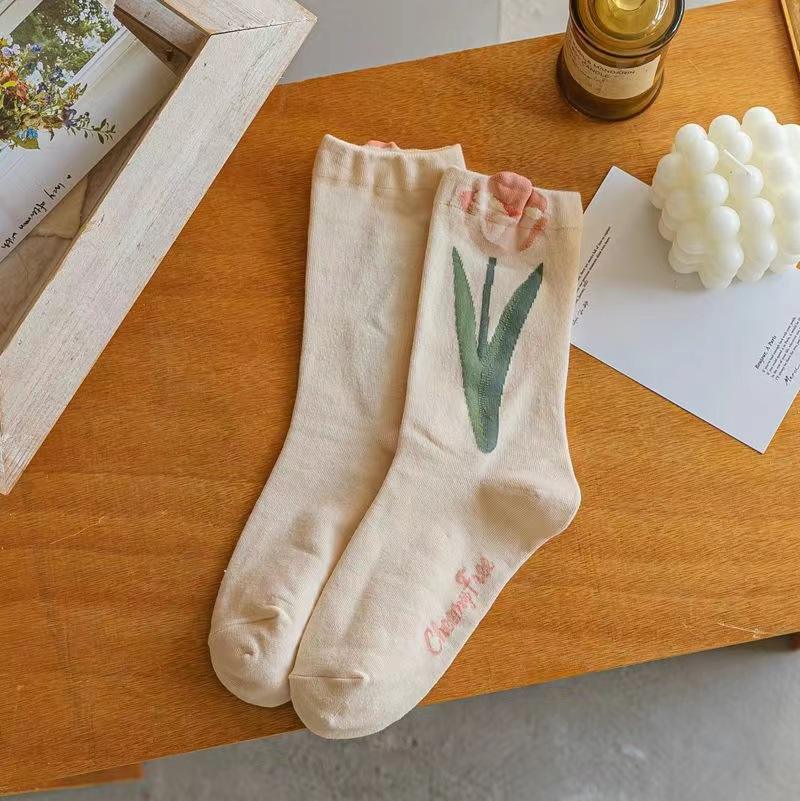 Jingwen OEM Calcetines De MUJER CE Certificate Wholesale Spring Tulip Floral Graphic Breathable Knitted Women Socks