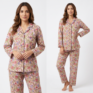 <b>Summer</b> Nightwear Vintage Indian Style Women's <b>Pyjama</b> Set 3-Piece 100% Cotton Breathable Soft Lace Floral Pattern Button - Product Image 1