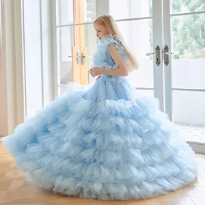 Yaz kız giyim mavi çiçek Tutu uzun düğün elbisesi kız kabarık doğum günü elbise çocuk konfeksiyon büyük kız