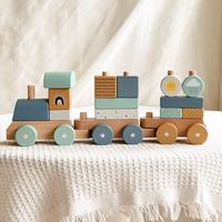 Train en bois style Instagram, thème coucher de soleil, blocs de construction en bois de hêtre de grande taille, jouet éducatif, fonctionnant sur piles électriques