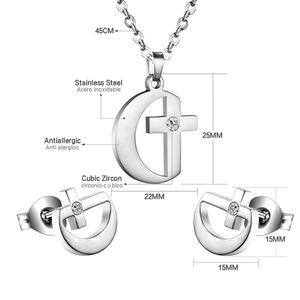 Fashion Stainless Steel 18k <b>Gold</b> Cross and Moon Women Necklace Jewelry <b>Sets</b> - Product Image 6