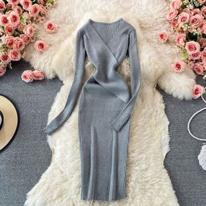 2024 Autumn V-Neck Slim Crocheted Sheath Casual Solid Maxi Dress for Women Empire Lace Vintage Knitted Acrylic Anti-static Black - Product Image 3