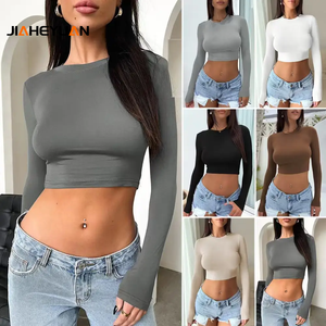 Logotipo personalizado Mujeres <span class=keywords><strong>Crop</strong></span> <span class=keywords><strong>Top</strong></span> Slim Fit <span class=keywords><strong>Crop</strong></span> <span class=keywords><strong>Top</strong></span> Camisetas de alta calidad <span class=keywords><strong>Crop</strong></span> Mujeres Yoga Manga larga Cuello redondo Camisetas - Product Image 2