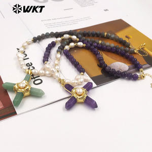 Collar WT-JN375 de Alta Calidad para Mujer, Hermoso, Chapado en Oro, con Cuentas de Amatista Natural y Perlas, con Colgante de Cruz de Piedra - Product Image 4