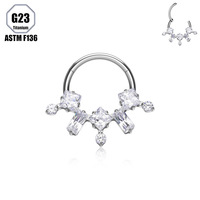 Cincin Septum Titanium G23 ASTM F136 Berhiaskan CZ Putih Persegi, Grade Implantasi, untuk Tindik Hidung, Pasokan Grosir