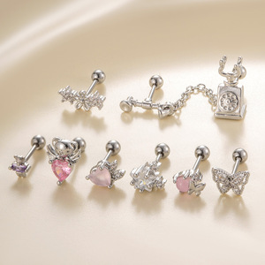 Boucles d'oreilles barbell en acier inoxydable CZ colorées à double filetage pour cartilage |   Clous d'oreille mignons pour piercing hélix, tragus, lobe - Product Image 4