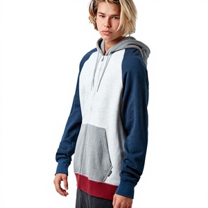 Men's Color Blocked <b>Hoodie</b> Fleece Zipper Up Regular Sleeve Autumn Hooded Sweatshirt Blue Grey White Red Trim - Product Image 1