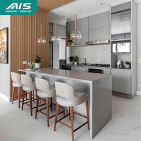 Ensemble d'armoires de cuisine modulaires de luxe modernes en MDF noir AIS 2026 avec comptoir et îlot en marbre/feuille de placage
