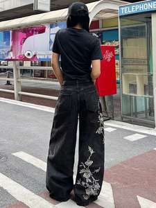 <span class=keywords><strong>Jeans</strong></span> in denim nero vintage personalizzati, lavaggio effetto invecchiato, vestibilità ampia, <span class=keywords><strong>vita</strong></span> <span class=keywords><strong>bassa</strong></span>, gamba dritta, traspiranti, con bottoni, stile street dance casual - Product Image 3