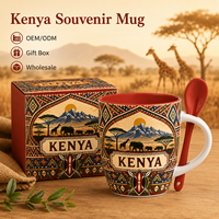 Mug à café en céramique souvenir touristique Afrique Kenya, imprimé animaux sauvages de la savane, design original, avec cuillère et boîte, OEM ODM personnalisé