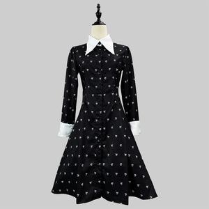 Adams Family Cosplay Dress Black Printed Long Sleeve Costume Halloween Wednesday Outfit Artistic Retro Style - Product Image 1
