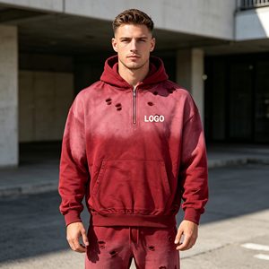 Sudadera con capucha para hombre con cremallera, estilo rasgado y desgastado, con estampado en relieve y lavado ácido, 500G, de felpa francesa 100% algodón, para hombre. - Product Image 6