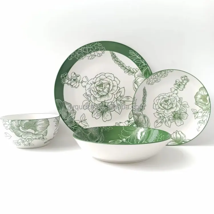 Fabricantes de louça de cerâmica Vendas a granel compram pratos e tigelas de cerâmica com folhas verdes e flores