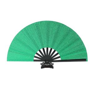 New Arrival Eco-Friendly 13-Inch Large Portable Bamboo Plastic Hand Fan 33cm Green <b>Glitter</b> Rave Carved Painted DIY Music Cartoon - Product Image 1