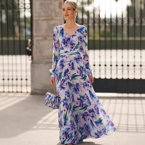 Vestido de Noche Largo con Estampado Floral, Cuello en V, Cintura Imperio, Vestido Maxi para Mujer, Transpirable y a la Moda - Product Image 4