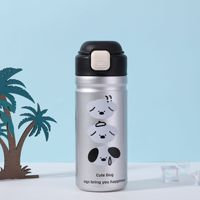 Vaso portátil de acero inoxidable con diseño de animales de dibujos animados, tapa con popote y asa de cuerda elegante