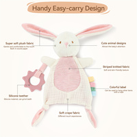 Doudou Lapin en Mousseline Douce avec Anneau de Dentition, Non Toxique, Sans BPA, en Silicone de Qualité Alimentaire, Couverture de Sécurité, Cadeau 0-6-12 Mois