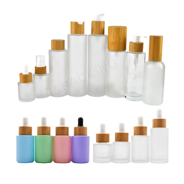 Botol kaca bening buram, perawatan kulit 30ml 50ml 100ml 120ml 150ml dengan tutup bambu untuk Toner Lotion kemasan kosmetik