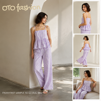 Ensemble pantalon deux pièces à carreaux vichy pour femme, haut caraco à bretelles fines et volanté, pantalon large en mousseline, tenue d'été décontractée