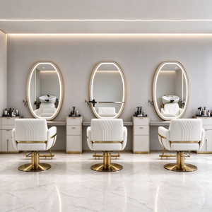 Ensemble de fauteuil de barbier et de fauteuil de lavage de luxe or et blanc, avec bac à shampoing en céramique et miroir de salon LED, mobilier de coiffure - Product Image 2