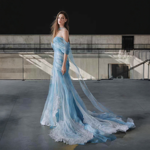 Nt106 Blue High Split Mermaid Evening <b>Dresses</b> Gowns Beaded Elegant Luxury for Woman Party Jancember - Product Image 5
