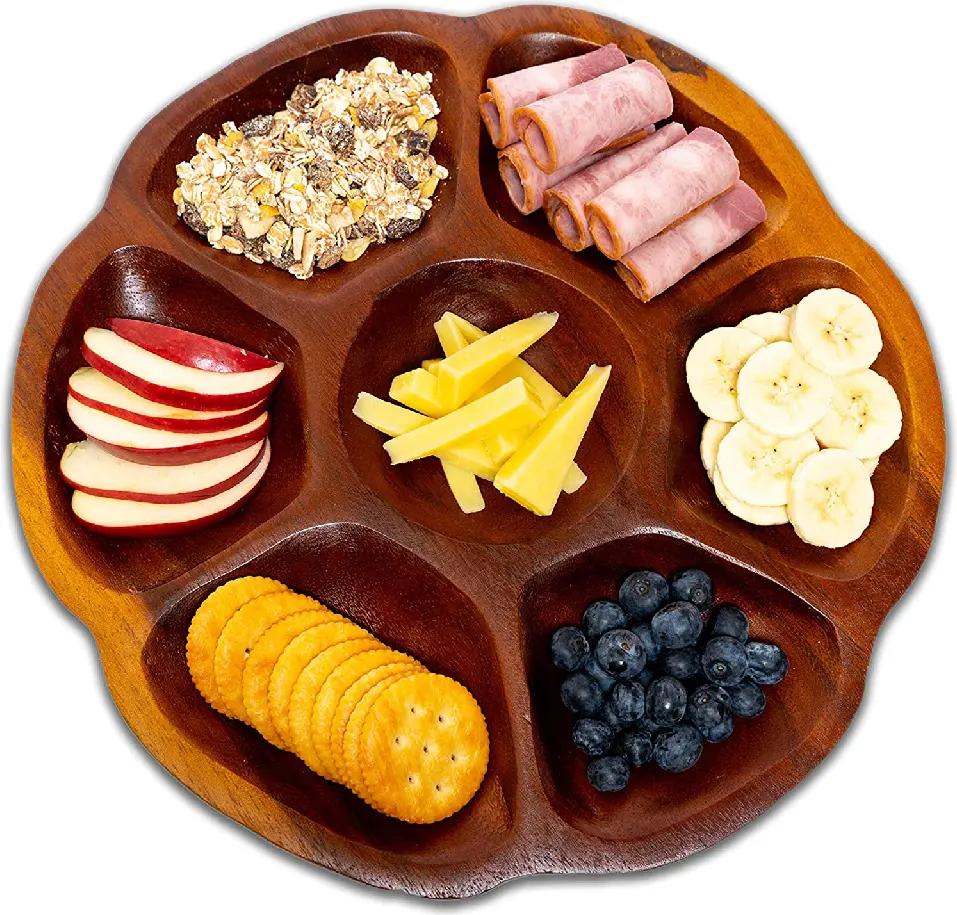 Acacia Wood Divided Round Wood Serving Tray, Dessert Dish Appetizer Section Plates Compartment Cheese Platter