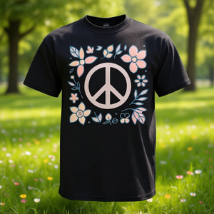 T-shirt con design floreale con simbolo della pace, nera, taglia unisex per adulti - Product Image 3