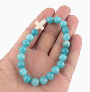 Nouveau design, vente en gros, bracelets extensibles en perles <span class=keywords><strong>de</strong></span> <span class=keywords><strong>pierre</strong></span> turquoise <span class=keywords><strong>noire</strong></span> naturelle <span class=keywords><strong>de</strong></span> 8 mm avec croix - Product Image 4